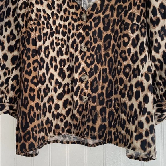 H&M Leopard Print V-Neck Button Down Elbow Length Puff Sleeve Blouse Boho Size M - Picture 7 of 10